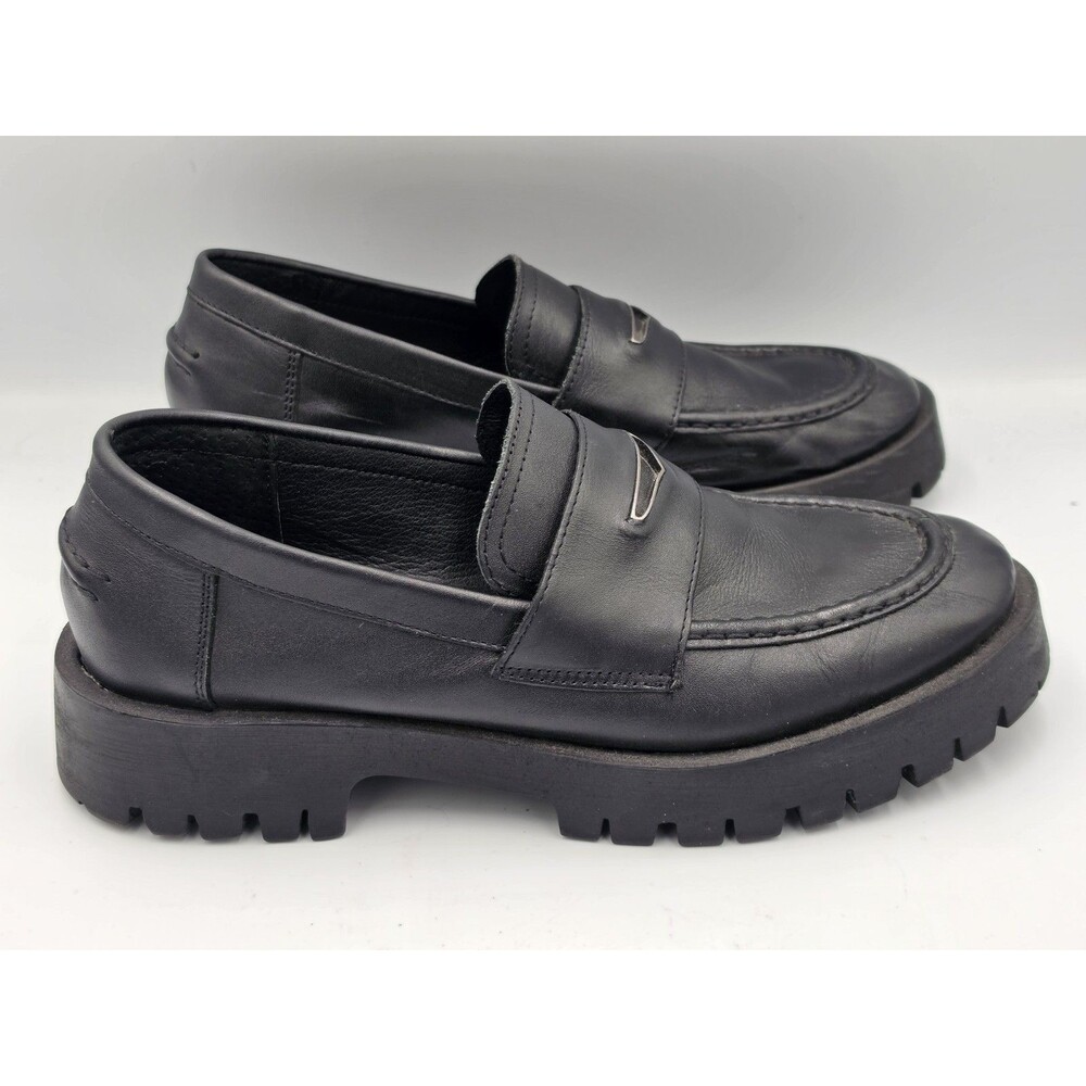 Steve Madden Women Black Leather Chunky Lug Sole Platform Penny Loafers Size 11